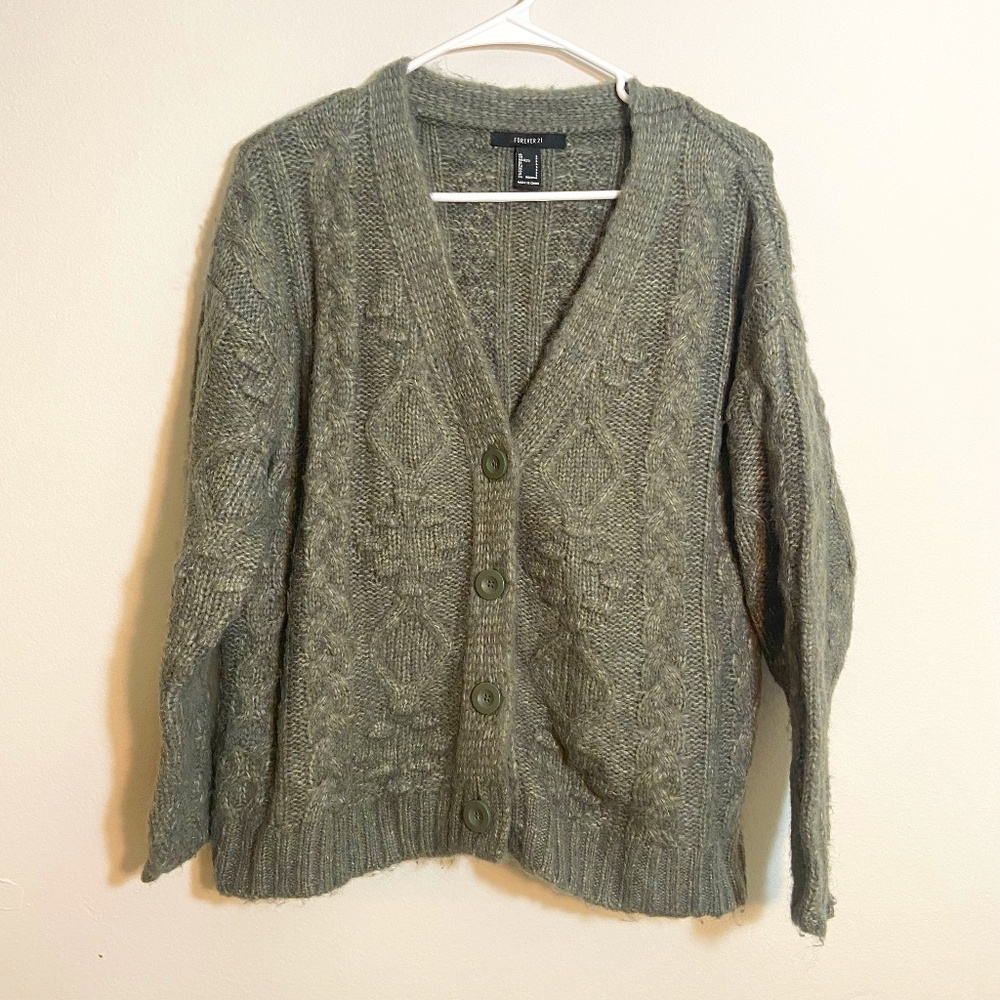 Forever 21 Button Down Green V-neck Sweater Cardigan Knit pattern Size S